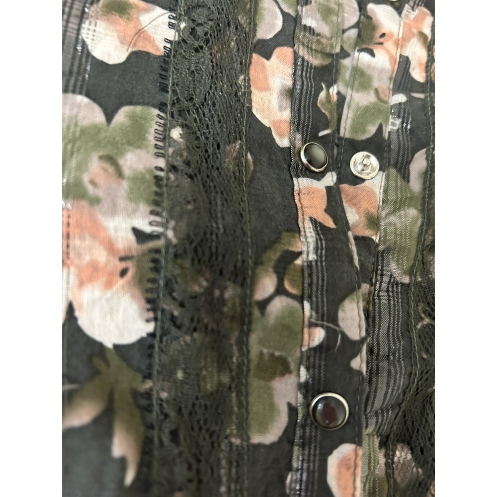Dark Romantic Floral Lace Country Metallic Snap Button Blouse Dark Green Medium - Picture 8 of 11